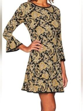 Michael Kors SZ M Black & Marigold Paisley Dress Flounce Hem Bell 3/4 Sleeves